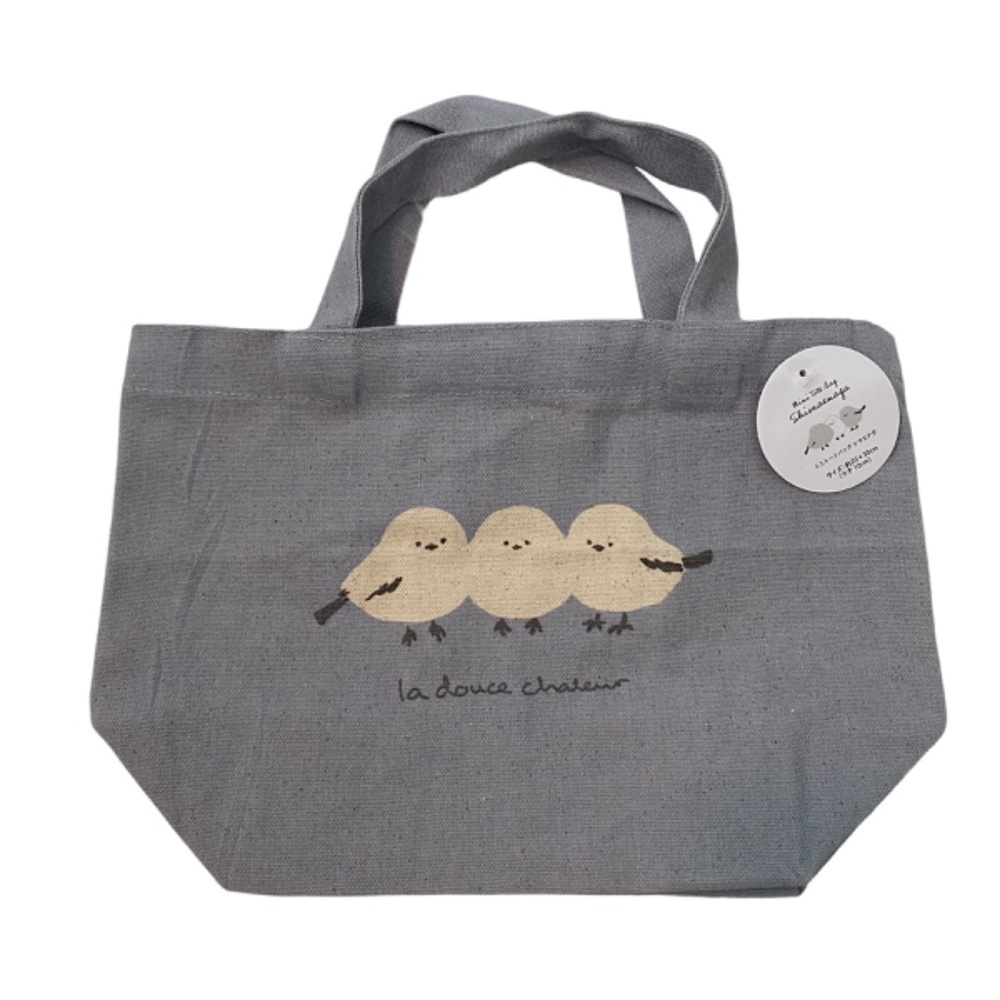 Small Tote Bag. Canvas. Birds Print. Light Blue Multi.